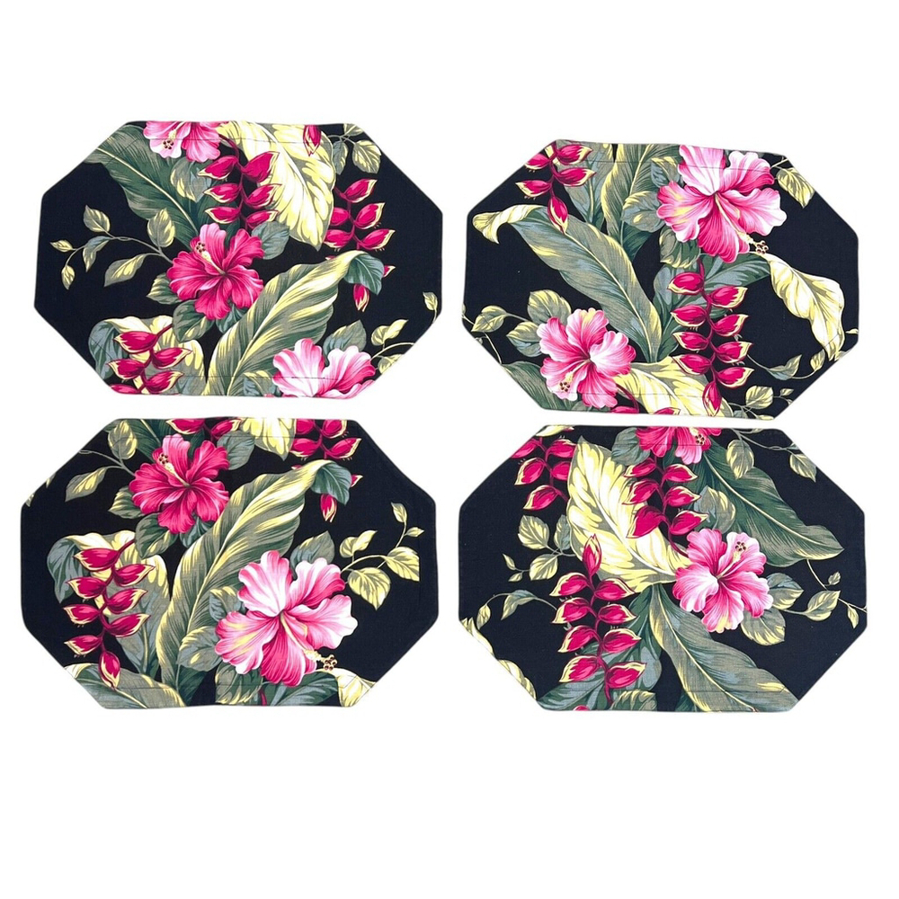 Handmade Quilted Tropical Black and Pink Placemats Set of 4